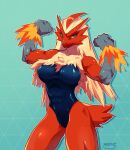  absurd_res anthro blaziken blonde_hair blue_eyes chest_tuft clothing female fire flexing_both_biceps fur generation_3_pokemon geometric_background hair hi_res looking_at_viewer masvino nintendo one-piece_swimsuit pokemon pokemon_(species) red_body red_fur scuted_arms scutes simple_background solo standing swimwear tuft yellow_sclera 