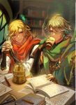  2boys ahoge alhaitham_(genshin_impact) artist_name bangs black_gloves black_shirt blonde_hair blurry blurry_background book book_stack bookshelf cape coffee coffee_cup cup disposable_cup drinking earrings elbow_gloves eyelashes feather_hair_ornament feathers fingerless_gloves genshin_impact gloves gold_trim green_cape green_eyes green_scarf grey_hair hair_between_eyes hair_ornament hair_over_one_eye hand_up hands_up highres holding holding_cup indoors jewelry jiangmuluo kaveh_(genshin_impact) long_hair long_sleeves looking_at_viewer male_focus mandarin_collar multiple_boys open_book parted_bangs parted_lips partially_fingerless_gloves pen puffy_long_sleeves puffy_sleeves red_eyes red_scarf scarf shirt short_hair shoulder_cape sidelocks sitting smile steam swept_bangs table upper_body white_shirt window 