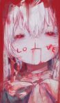  1girl albino blood blood_from_mouth blood_on_clothes blood_on_face blood_writing bow bowtie close-up commentary cuts hair_between_eyes heart heart-shaped_pupils highres injury looking_at_viewer mercure_1104 nosebleed original parted_lips red_eyes solo symbol-only_commentary symbol-shaped_pupils white_hair 