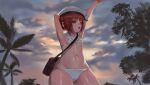  1girl absurdres armpits arms_up bag bikini bird blurry blurry_background breasts cloud cloudy_sky dokomon dripping evening from_below hat highres kantai_collection one_eye_closed open_mouth outdoors outstretched_arm palm_tree red_eyes red_hair sailor_hat short_hair sidelocks sky small_breasts stomach sweat swimsuit tree wet z3_max_schultz_(kancolle) 