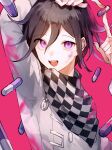  1boy :d arm_up ayacho_mato bangs buttons checkered_clothes checkered_scarf danganronpa_(series) danganronpa_v3:_killing_harmony grey_jacket hair_between_eyes hand_up highres index_finger_raised jacket looking_at_viewer male_focus ouma_kokichi pill pink_background pink_eyes scarf short_hair smile solo teeth upper_body upper_teeth_only 