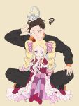  1boy 1girl ? animal animal_on_head bangs beatrice_(re:zero) black_footwear black_jacket black_pants blonde_hair blue_eyes bow brown_eyes brown_hair butterfly-shaped_pupils capelet commentary crown dress dress_bow drill_hair fndlwm_re frilled_dress frilled_sleeves frills full_body fur-trimmed_capelet fur_trim hair_ribbon hand_in_own_hair highres jacket long_hair long_sleeves looking_to_the_side mini_crown multicolored_clothes multicolored_jacket natsuki_subaru neck_ribbon on_head pants parted_bangs pink_bow pink_ribbon puck_(re:zero) re:zero_kara_hajimeru_isekai_seikatsu red_capelet red_dress ribbon scratching_head shoes short_hair sidelocks simple_background sitting sitting_on_lap sitting_on_person sneakers swirl symbol-only_commentary thighhighs thinking track_jacket track_pants twin_drills two-tone_jacket white_jacket wide_sleeves yellow_background 