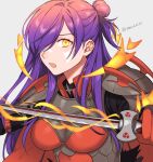  1girl armor asymmetrical_clothes awakened_shez_(female) bangs breasts cape choker cleavage detached_horns facial_mark fire_emblem fire_emblem:_three_houses fire_emblem_heroes fire_emblem_warriors:_three_hopes gloves glowing glowing_eyes gradient_hair hair_bun hair_over_one_eye highres holding holding_sword holding_weapon horns large_breasts long_hair looking_at_viewer multicolored_hair official_alternate_costume open_mouth peach11_01 purple_eyes purple_hair red_hair shez_(fire_emblem) shez_(fire_emblem)_(female) simple_background single_hair_bun solo sword twitter_username weapon 