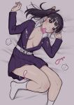  1girl absurdres bangs belt black_hair blush breasts condom highres keiichi_r18 kimetsu_no_yaiba looking_at_viewer lying on_back pleated_skirt purple_eyes side_ponytail skirt socks solo sweat tsuyuri_kanao used_condom used_tissue white_socks 