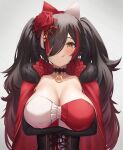 1girl :q arms_under_breasts bangs black_choker black_hair blush breasts brown_eyes choker cleavage cloak closed_mouth corset crossed_arms flower fur_collar hair_flower hair_ornament hair_over_one_eye highres hololive large_breasts long_hair looking_at_viewer ookami_mio red_cloak red_flower simple_background solo suicabar72 tongue tongue_out twintails upper_body virtual_youtuber 