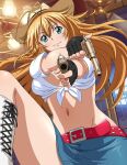  1girl :3 antenna_hair bangs belt belt_buckle blonde_hair blue_skirt boots buckle closed_mouth cowboy_hat cross-laced_footwear denim denim_skirt dual_wielding floating_hair from_below green_eyes groin gun hair_between_eyes hat holding holding_gun holding_weapon ikkitousen indoors lace-up_boots long_hair midriff miniskirt navel red_belt shiny shiny_hair skirt smile solo sonsaku_hakufu stomach very_long_hair weapon white_footwear 