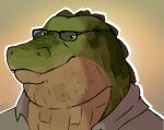  anthro beard blem-bop clothing countershading crocodile crocodilian crocodylid eyewear facial_hair glasses green_body hi_res male overweight overweight_male reptile scales scalie shirt simple_background solo topwear 