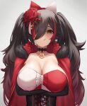  1girl :q arms_under_breasts bangs black_choker black_hair blush breasts brown_eyes choker cleavage cloak closed_mouth corset crossed_arms flower fur_collar hair_flower hair_ornament hair_over_one_eye highres hololive large_breasts long_hair looking_at_viewer ookami_mio red_cloak red_flower shaded_face simple_background solo suicabar72 tongue tongue_out twintails upper_body virtual_youtuber 