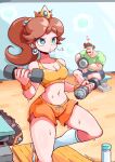  1boy 1girl blue_eyes brown_hair crown dumbbell earphones facial_hair fitting_room green_shirt heart holding ioh looking_at_another looking_away luigi mario_(series) mustache navel ponytail princess_daisy shirt sweat 