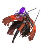  1girl armor bangs breastplate choker dual_wielding fire_emblem fire_emblem:_three_houses fire_emblem_heroes fire_emblem_warriors:_three_hopes gloves hair_bun hair_over_one_eye holding holding_weapon long_hair looking_at_viewer official_alternate_costume official_art purple_eyes purple_hair shez_(fire_emblem) shez_(fire_emblem)_(female) shoulder_armor simple_background single_hair_bun solo sword weapon 