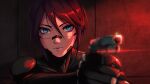  1girl android black_hair blue_eyes elster_(signalis) english_commentary gun handgun highres holding holding_gun holding_weapon laser_sight looking_at_viewer ranveld short_hair signalis solo very_short_hair weapon 