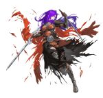  1girl armor bangs breastplate breasts choker dual_wielding fire_emblem fire_emblem:_three_houses fire_emblem_heroes fire_emblem_warriors:_three_hopes gloves hair_bun hair_over_one_eye holding holding_weapon long_hair looking_at_viewer non-web_source official_alternate_costume official_art purple_eyes purple_hair shez_(fire_emblem) shez_(fire_emblem)_(female) shoulder_armor simple_background single_hair_bun solo sword torn torn_clothes weapon 
