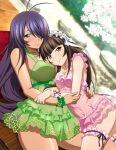  2girls bangs black_ribbon blunt_bangs breasts brown_eyes brown_hair cleavage closed_mouth collarbone dress dutch_angle green_dress grey_eyes hair_over_one_eye ikkitousen kan&#039;u_unchou large_breasts long_hair looking_at_viewer lying multiple_girls on_back on_side outdoors pink_dress purple_hair ribbon shiny shiny_hair shiny_skin short_dress sleeveless sleeveless_dress small_breasts smile ten&#039;i_(ikkitousen) thigh_strap very_long_hair wrist_cuffs yuri 