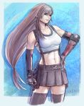  1girl abs black_gloves black_skirt black_sports_bra black_thighhighs blue_background breasts brown_hair commentary cowboy_shot crop_top dangle_earrings earrings elbow_gloves elbow_pads facing_viewer final_fantasy final_fantasy_vii final_fantasy_vii_remake gloves hair_between_eyes hand_on_hip jewelry long_hair looking_afar low-tied_long_hair materia medium_breasts midriff mixed-language_commentary navel red_eyes skirt solo sports_bra stephanie_sybydlo suspender_skirt suspenders tank_top thighhighs thighs tifa_lockhart toned twitter_username white_tank_top zettai_ryouiki 