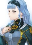 1girl blue_cape blue_dress blue_hair breasts brown_eyes cape center_frills commentary dress fire_emblem fire_emblem:_three_houses fire_emblem_warriors:_three_hopes frills hairband isa_(peien516) lace-trimmed_hairband lace_trim lips long_hair looking_at_viewer marianne_von_edmund medium_breasts official_alternate_costume official_alternate_hairstyle parted_lips pink_lips simple_background solo wavy_hair white_background 