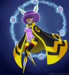  1girl artist_name black_cape black_eyeliner blue_background bob_cut breasts cape commentary dark-skinned_female dark_skin deviantart_username dynatron_(mighty_no._9) electricity eyeliner full_body grin highres horns joints kainkout large_breasts light_bulb looking_at_viewer makeup mighty_no._9 mitsudomoe_(shape) multicolored_cape multicolored_clothes no_feet no_nipples purple_hair red_eyes robot robot_joints sharp_teeth short_hair simple_background slit_pupils smile solo teeth tomoe_(symbol) yellow_cape 