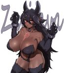  1girl animal_ears black_fur black_hair breasts claws collarbone commentary_request cuffs dark-skinned_female dark_skin dog_ears extra_ears fang gen&#039;en_(sioherashi) hair_between_eyes huge_breasts long_hair looking_at_viewer original pasties red_eyes scar scar_on_chest shackles simple_background skin_fang solo sweat thick_eyebrows thick_thighs thighhighs thighs very_long_hair werewolf white_background 