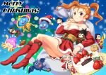  breasts brown_eyes christmas christmas_tree closed_mouth dragon_quest dragon_quest_viii dress earrings hero_(dq8) highres jessica_albert jewelry kukuru_(dq8) long_hair looking_at_viewer medea merry_christmas multiple_boys multiple_girls nise_(nisej) orange_hair red_(dq8) slime_(dragon_quest) smile twintails yangus 