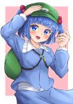  1girl :d arm_up backpack bag bangs blue_eyes blue_hair blue_skirt blunt_bangs blush border breasts frilled_shirt_collar frills green_headwear hair_bobbles hair_ornament hands_up hat highres houri_sh kawashiro_nitori key long_sleeves looking_at_viewer medium_breasts open_mouth pink_background shirt skirt smile solo touhou two_side_up upper_body v-shaped_eyebrows white_border 
