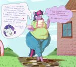  2022 5_fingers absurd_res anthro clothed clothing dialogue digital_media_(artwork) english_text equid equine eyes_closed female fingers friendship_is_magic grass hasbro hi_res holding_object horn mammal my_little_pony obese obese_anthro obese_female outside overweight overweight_anthro overweight_female plant purple_eyes rarity_(mlp) sirmasterdufel text twilight_sparkle_(mlp) unicorn 