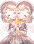  2girls :o angel angel_wings blonde_hair blue_eyes bonnet bow collar commentary_request conjoined cross dress feathered_wings frilled_bonnet frilled_collar frills highres holding holding_cross lolita_fashion looking_at_viewer mercure_1104 multiple_girls original parted_lips short_hair siamese_twins siblings simple_background striped striped_bow twins white_background white_wings wings 