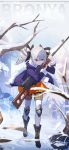  1girl bangs blue_jacket bow bronya_zaychik bronya_zaychik_(snowy_sniper) closed_mouth drill_hair grey_eyes grey_hair grey_sky hair_bow highres holding holding_weapon honkai_(series) honkai_impact_3rd jacket official_art outdoors scarf sniper snowing solo twin_drills weapon winter_clothes 