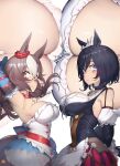  2girls animal_ears armpits arms_behind_back arms_behind_head arms_up bangs bare_shoulders blue_eyes blue_hair breast_press breasts brown_hair cleavage closed_mouth collarbone cowboy_shot dark_blue_hair detached_sleeves dirndl downblouse dress ear_ribbon eishin_flash_(umamusume) floating_hair frilled_dress frills from_above from_side german_clothes hair_between_eyes highres horse_ears horse_girl horse_tail jewelry keyfanjun large_breasts long_hair looking_at_viewer low_neckline medium_hair multicolored_hair multiple_girls necklace orange_eyes projected_inset sideboob sideways_glance strapless strapless_dress streaked_hair swept_bangs symmetrical_docking tail umamusume white_hair yamanin_zephyr_(umamusume) 