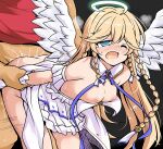  1boy 1girl ahoge angel_wings angelica_(epic_seven) bare_shoulders blonde_hair blue_eyes blush bottomless braid breasts clothed_sex cum cum_in_pussy detached_collar doggystyle dress epic_seven halo long_hair medium_breasts multiple_braids nipples no_bra no_panties one_eye_closed sex tsuzuri_(tuzuri) white_dress wings 