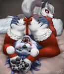  2022 4_toes 5_fingers 69_position anthro anus anus_peek bed bedroom big_butt blue_body blue_fur blue_hair blush bodily_fluids body_blush butt butt_grab camel_toe canid canid_demon canine christmas christmas_clothing claws clothed clothing deep_skin demon digital_media_(artwork) duo facial_tuft fangs feet female female/female fingers fox fur furniture genitals gift green_eyes grey_body grey_fur grey_hair hair hand_on_butt hellhound helluva_boss hi_res holidays hootingfish inner_ear_fluff inside inviting krystal legwear looking_at_viewer looking_back loona_(helluva_boss) lying mammal nintendo on_back on_bed open_mouth oral pawpads paws pillow presenting presenting_hindquarters presenting_partner pussy pussy_blush raised_tail rear_view red_sclera ribbons saliva saliva_string seductive sex skimpy smile soles spread_anus spread_butt spread_legs spread_pussy spreading squish star_fox stockings sweater take_your_pick teeth thick_thighs toe_claws toeless_legwear toes tongue tongue_out topwear tuft white_body white_eyes white_fur wraps 