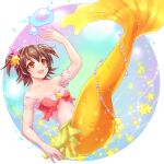  1girl :d air_bubble akagi_miria arm_up armpits bandeau bangs bare_shoulders breasts brown_eyes brown_hair bubble collarbone commentary_request commission coral_hair_ornament full_body hair_between_eyes hair_ornament idolmaster idolmaster_cinderella_girls looking_up mermaid monster_girl monsterification navel open_mouth red_bandeau short_hair sidelocks skeb_commission skirt small_breasts smile solo star_(symbol) star_hair_ornament teeth two_side_up upper_teeth_only yakou_(mofumofu117117) yellow_skirt 
