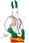  2022 anthro bgn bottomwear bottomwear_pull bulge bussi cheek_markings clothed clothing clothing_pull dated dot_eyes eyebrows facial_markings flag_bottomwear flag_clothing gloves_(marking) green_body green_ears grey_eyebrows half-length_portrait head_markings hi_res male markings mascot_(species) one_eye_closed pecs portrait signature simple_background simple_eyes solo spanish_flag standing striped_body stripes topless topless_anthro topless_male unknown_species white_background white_body wink 