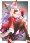  1girl animal_ears bangs bare_shoulders blue_hair blush breasts brown_gloves brown_thighhighs cleavage detached_sleeves diffraction_spikes ferry_(granblue_fantasy) ferry_(santa_minidress)_(granblue_fantasy) gloves granblue_fantasy hand_up highres long_hair nattsun_(018) orange_eyes parted_lips sitting small_breasts solo thighhighs twitter_username underboob wide_sleeves 