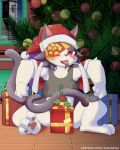  2_tails anthro blazblue christmas christmas_clothing christmas_headwear christmas_tree clothing coat costume domestic_cat eye_patch eyewear felid feline felis gift hat headgear headwear hi_res holidays jubei_(blazblue) male mammal mistletoe mousesix multi_tail plant ribbons santa_costume santa_hat solo tongue topwear tree 