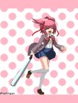  1girl :d artist_name bangs baseball_bat blazer blue_skirt bob_cut breasts brown_footwear closed_eyes doki_doki_literature_club dress_shirt english_text floating_hair full_body grey_jacket hair_ornament hair_ribbon highres holding holding_baseball_bat holding_weapon jacket kneehighs letterboxed loafers miniskirt nastpaper natsuki_(doki_doki_literature_club) neck_ribbon open_clothes open_jacket open_mouth pink_background pink_hair pixel_art pleated_skirt polka_dot polka_dot_background red_ribbon ribbon running school_uniform shirt shoes skirt small_breasts smile socks solo spread_fingers swept_bangs twitter_username two-tone_background two_side_up weapon white_background white_shirt white_socks wind x_hair_ornament 