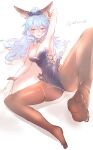  1girl animal_ears arm_behind_head armpits bangs bare_shoulders black_leotard blue_hair bow bowtie breasts brown_pantyhose cleavage covered_navel detached_collar ferry_(granblue_fantasy) full_body granblue_fantasy hair_bow highres leg_up leotard long_hair looking_at_viewer lying nattsun_(018) no_shoes on_side open_mouth orange_eyes pantyhose simple_background small_breasts solo twitter_username white_background wrist_cuffs 