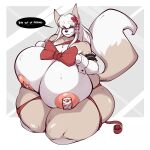  accessory anthro big_breasts bow_(disambiguation) bow_(feature) breasts canid canine canis chito-nii dialogue female flower flower_in_hair fur gin-blade grey_body grey_fur hair hair_accessory hi_res huge_breasts hyper hyper_breasts kneeling mammal plant ribbons smile solo white_body white_fur white_hair wolf 