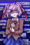  1girl absurdres artist_name bangs blue_skirt bob_cut breasts brown_jacket brown_sweater_vest chromatic_aberration clenched_hand commentary constricted_pupils cowboy_shot dialogue_box dirty_hands doki_doki_literature_club dress_shirt drop_shadow furrowed_brow hair_intakes hair_ornament hair_over_one_eye hair_ribbon hand_on_own_chest highres holding_own_arm horrified horror_(theme) imminent_death jacket jello_moons looking_at_viewer natsuki_(doki_doki_literature_club) neck_ribbon open_clothes open_jacket parted_lips pink_hair pleated_skirt red_ribbon ribbon romaji_commentary scared school_uniform shaded_face shirt short_hair signature skirt small_breasts solo spoilers standing sweater_vest swept_bangs twitter_username two_side_up user_interface vomit white_shirt wide-eyed x_hair_ornament 