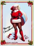  1girl 1other belt black_gloves blonde_hair blue_eyes boots breasts brown_belt brown_pantyhose candy candy_cane christmas christmas_card comic_sans commentary crimson_kaiserin curvy dress english_commentary eyeliner eyeshadow food full_body fur_trim gloves hair_over_one_eye hand_on_hip hat holding holding_sack huge_breasts knee_boots lips long_hair long_legs makeup mature_female melony_(pokemon) merry_christmas pantyhose patreon_username pinup_(style) platform_boots platform_footwear pokemon pokemon_(creature) pokemon_(game) pokemon_swsh red_dress red_footwear sack santa_hat signature snom solo_focus standing thick_thighs thighs watermark web_address 