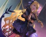  1girl bangs blonde_hair blue_dress bracelet breasts cleavage dark-skinned_female dark_skin dragon_girl dragon_horns dragon_tail dress facial_mark fate/grand_order fate_(series) hand_on_own_face holding holding_weapon horns jewelry kibou large_breasts long_hair looking_at_viewer sharp_teeth smile solo tail teeth tongue tongue_out vritra_(fate) weapon yellow_eyes 