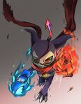  anthro bandai_namco blue_fire claws clothing colored_fire demon digimon digimon_(species) eye_patch eyewear fire fireball gloves handwear hi_res impmon_x lindo_masyu_art male purple_body red_eyes scarf solo spade_tail 