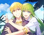  1boy 1other androgynous artist_name bangs bird blonde_hair blue_sky bracelet cloud collared_shirt commentary crossed_arms day earrings ede enkidu_(fate) eyelashes fate/grand_order fate_(series) floating_hair gilgamesh_(fate) gold_earrings gold_necklace grass green_eyes green_hair grin hair_between_eyes hand_up highres hug jewelry leaf long_hair looking_at_viewer necklace open_mouth outdoors palm_tree plant purple_shirt red_eyes round_teeth shirt short_hair short_sleeves sky smile teeth tongue tree twitter_username upper_body v very_long_hair white_shirt wing_collar 