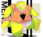  2022 absurd_res alligator alligatorid anthro belly big_belly blush clothing crocodilian feet green_body hi_res kemono m2vcjtad5hsdvla overweight reptile scalie shirt solo topwear white_body 