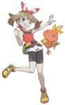  1girl blue_eyes bow brown_hair hair_bow may_(pokemon) medium_hair official_art one_eye_closed open_mouth pokemon pokemon_(game) pokemon_rse tachi-e torchic transparent_background 