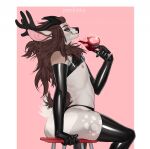  alcohol anthro antlers beverage blue_hair brown_hair butt clothed clothing container crossdressing cup deer drinking_glass eyelashes fur girly glass glass_container glass_cup gloves grey_body grey_fur hair handwear hi_res horn ivar_(deexcoffee) latex_gloves latex_stockings legwear long_hair male mammal peschinka simple_background sitting solo tan_body tan_fur thigh_highs thong underwear wine wine_glass 