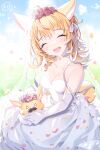  1girl ^_^ ^o^ absurdres ahoge animal_ears bangs bare_shoulders blonde_hair blue_sky blurry blurry_background blush braid breasts bridal_veil choker cleavage closed_eyes cloud cloudy_sky collarbone commentary creature dress elbow_gloves english_commentary facial_hair facing_viewer falling_petals flower fox_ears fox_girl fox_tail gloves grass hair_flower hair_ornament hair_over_shoulder hair_ribbon head_tilt highres holding holding_creature hololive kio_is_here long_hair multicolored_hair mustache off-shoulder_dress off_shoulder omaru_polka open_mouth outdoors petals pink_flower pink_hair pink_rose rainbow ribbon rose side_braid signature sky small_breasts smile streaked_hair tail teeth twitter_username upper_teeth_only veil virtual_youtuber wedding_dress white_choker white_dress white_gloves zain_(omaru_polka) 