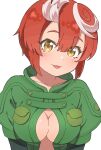  1girl :o bangs blush breast_pocket breasts cleavage closed_mouth collarbone green_jumpsuit hair_between_eyes head_tilt highres jenny_(artist) jumpsuit large_breasts looking_at_viewer made_in_abyss multicolored_hair pocket red_hair short_hair simple_background smile solo streaked_hair tepaste tongue tongue_out two-tone_hair upper_body white_background white_hair yellow_eyes 