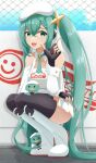  1girl absurdres belt beret blue_hair braid collar commentary fingerless_gloves gloves goodsmile_company goodsmile_racing hair_between_eyes hair_ornament hat hatsune_miku highres index_finger_raised medium_hair micro_shorts nagi_clip racing_miku racing_miku_(2023) ribbon shorts sideless_outfit simple_background star_(symbol) thighhighs twintails vocaloid white_headwear wrist_cuffs 