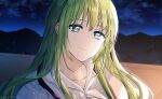  1other androgynous artist_name bangs closed_mouth cloud collarbone commentary ede enkidu_(fate) eyelashes fate/grand_order fate_(series) green_eyes green_hair head_tilt highres lake long_hair looking_at_viewer mountain night night_sky other_focus outdoors shirt sidelocks silhouette sky smile solo star_(sky) starry_sky twitter_username upper_body water white_shirt 