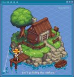  1boy chimney fake_screenshot fence fishing fishing_rod flower hat house island oar original pixel_art rowboat standing straw_hat tree twitter_username wooden_fence yiye 