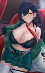  1girl absurdres archstreal artist_name bangs bare_shoulders black_hair blush bra breasts cleavage closed_mouth collarbone earrings green_eyes green_skirt highres jewelry large_breasts lin_(tower_of_fantasy) long_hair looking_at_viewer mole mole_under_eye navel necktie open_clothes pleated_skirt red_necktie skirt thighhighs thighs tower_of_fantasy triangle_earrings underwear white_thighhighs 